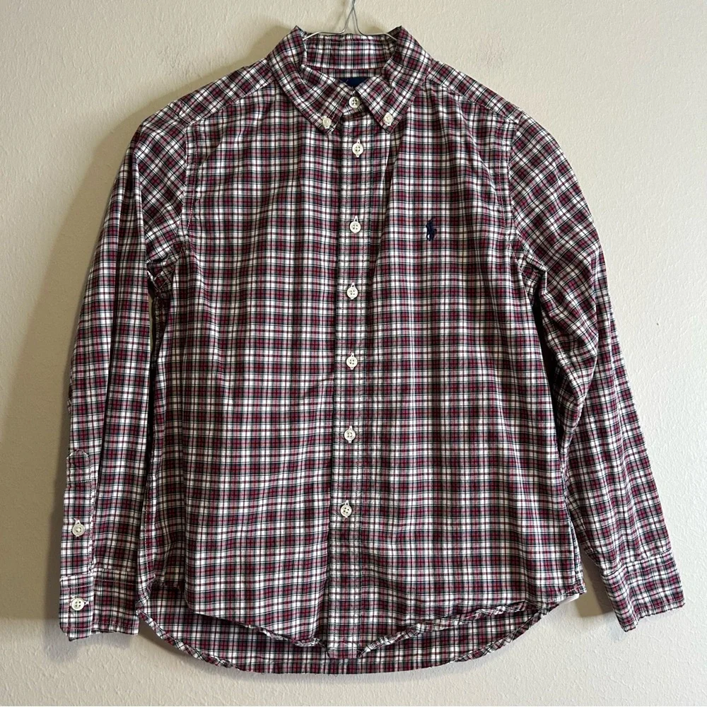 Ralph Lauren Red and White Plaid Button-Down Shirt‎ 100% Cotton Size M 10-12